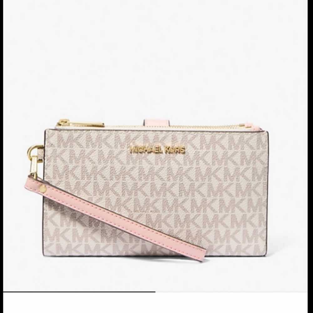 Michael Kors Pink Powder Blush And Vanilla Double Zip Wallet Wristlet